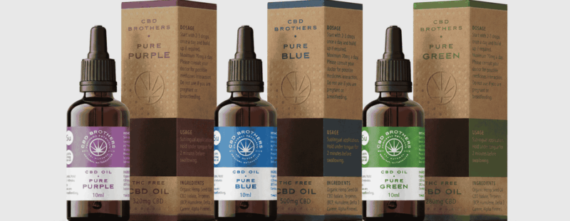 CBD oil pure range displaying the 3 products purple, blue and green