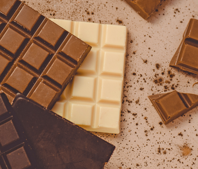 milk, dark and white chocolate