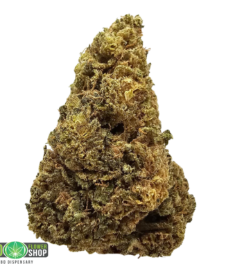 Thin Mint greenhouse CBD tea flower with dense green and purple-toned flowers and a frosted trichome-rich appearance from The CBD Flower Shop.