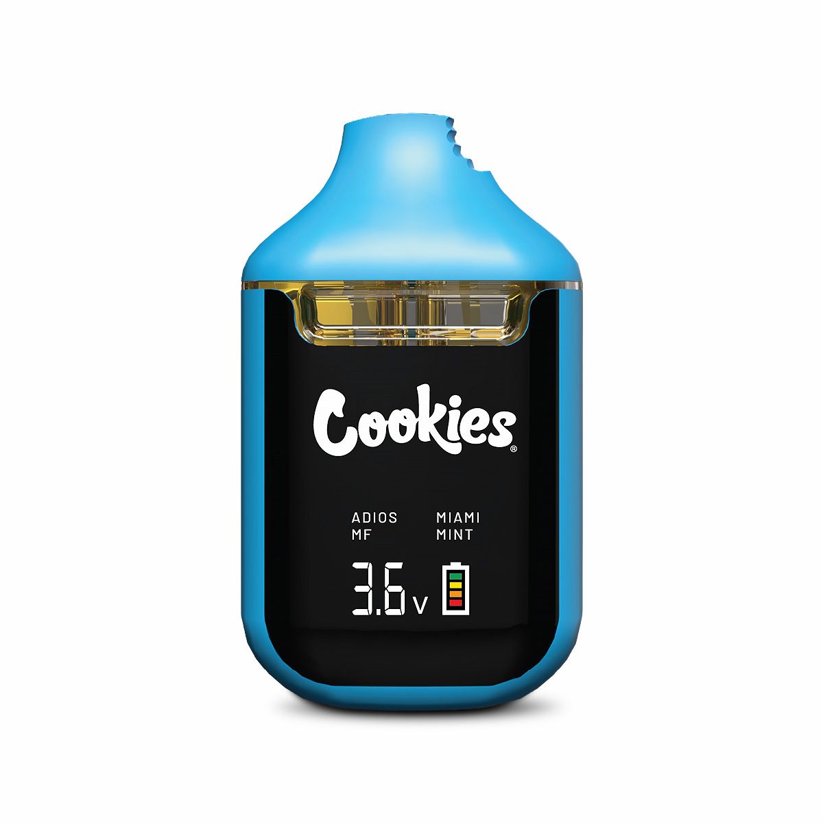 Cookies 2g Dual Chamber CBD Vape featuring Adios MF and Miami Mint terpene profiles in a rechargeable dual-flavour CBD vape device.