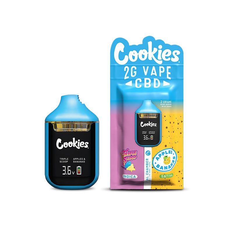 Cookies CBD Dual Chamber Vape featuring Triple Scoop and Apples & Bananas terpene profiles in a rechargeable dual-flavour CBD vape device.