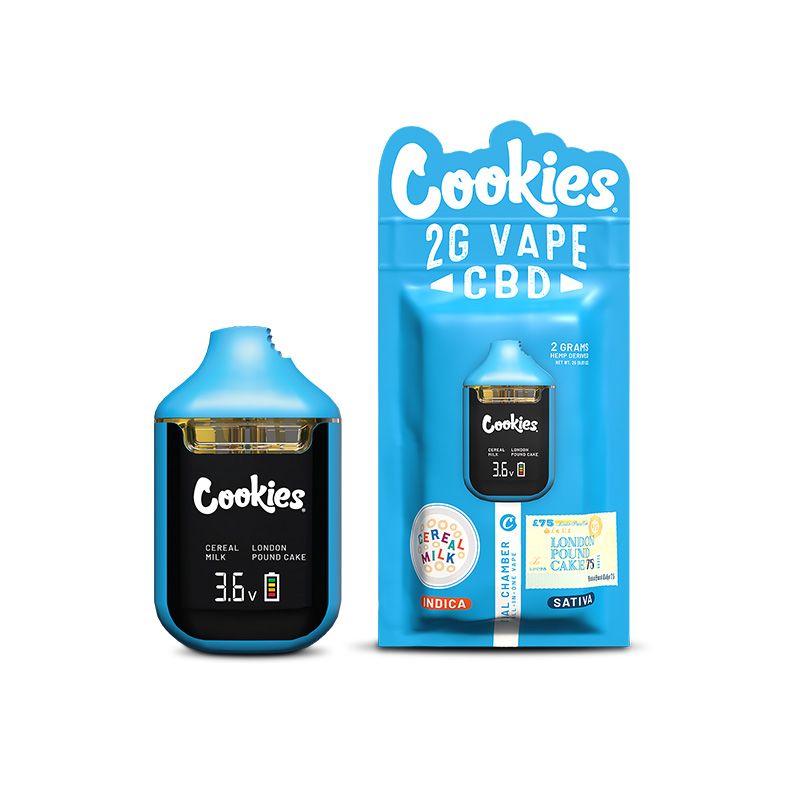 Cookies CBD Dual Chamber Vape featuring Cereal Milk and London Pound Cake terpene profiles in a rechargeable dual-flavour CBD vape device.