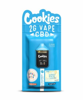 Cookies CBD Dual Chamber Vape featuring Cereal Milk and London Pound Cake terpene profiles in a rechargeable dual-flavour CBD vape device.