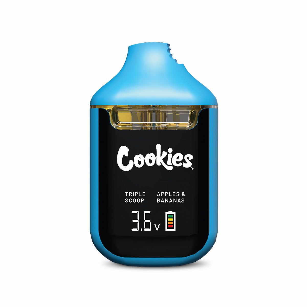 Cookies CBD Dual Chamber Vape featuring Triple Scoop and Apples & Bananas terpene profiles in a rechargeable dual-flavour CBD vape device.