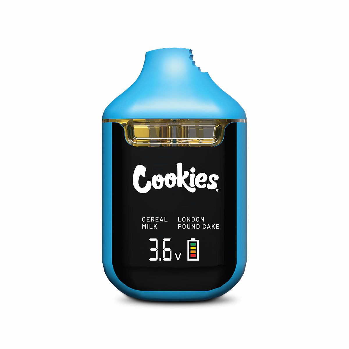 Cookies CBD Dual Chamber Vape featuring Cereal Milk and London Pound Cake terpene profiles in a rechargeable dual-flavour CBD vape device.