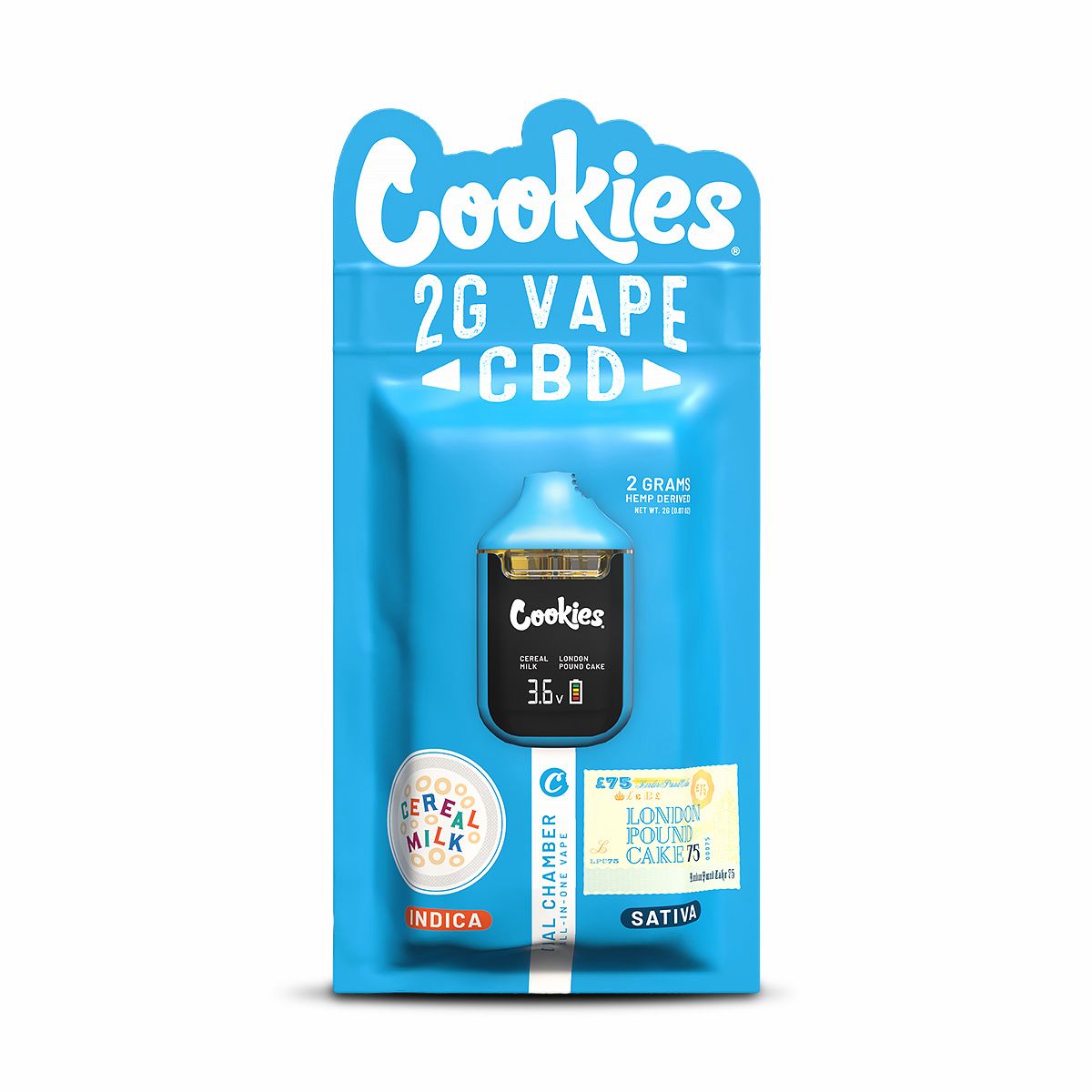 Cookies CBD Dual Chamber Vape featuring Cereal Milk and London Pound Cake terpene profiles in a rechargeable dual-flavour CBD vape device.