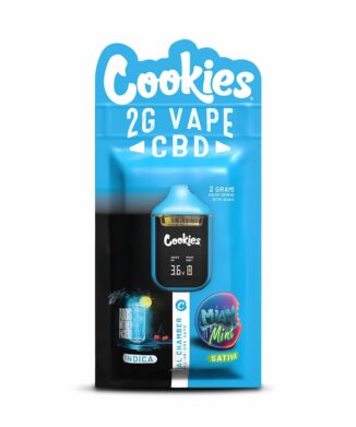 Cookies 2g Dual Chamber CBD Vape featuring Adios MF and Miami Mint terpene profiles in a rechargeable dual-flavour CBD vape device.