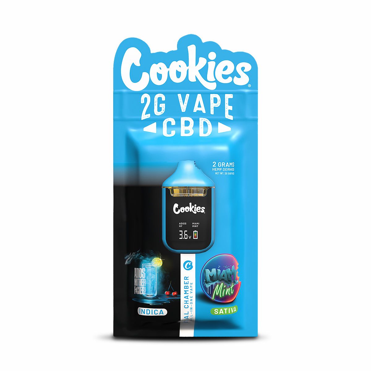 Cookies 2g Dual Chamber CBD Vape featuring Adios MF and Miami Mint terpene profiles in a rechargeable dual-flavour CBD vape device.