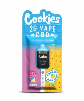 Cookies CBD Dual Chamber Vape featuring Triple Scoop and Apples & Bananas terpene profiles in a rechargeable dual-flavour CBD vape device.