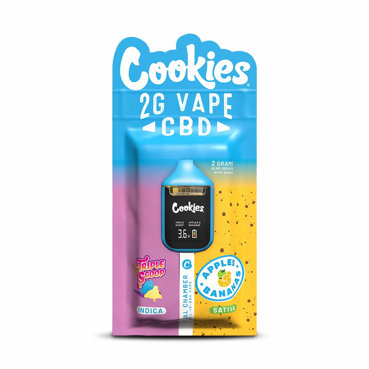 Cookies CBD Dual Chamber Vape featuring Triple Scoop and Apples & Bananas terpene profiles in a rechargeable dual-flavour CBD vape device.