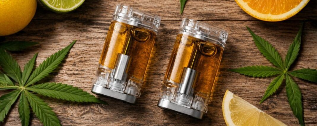 cbd vape pods on a wooden surface surrounded by citrus fruits and hemp leaves