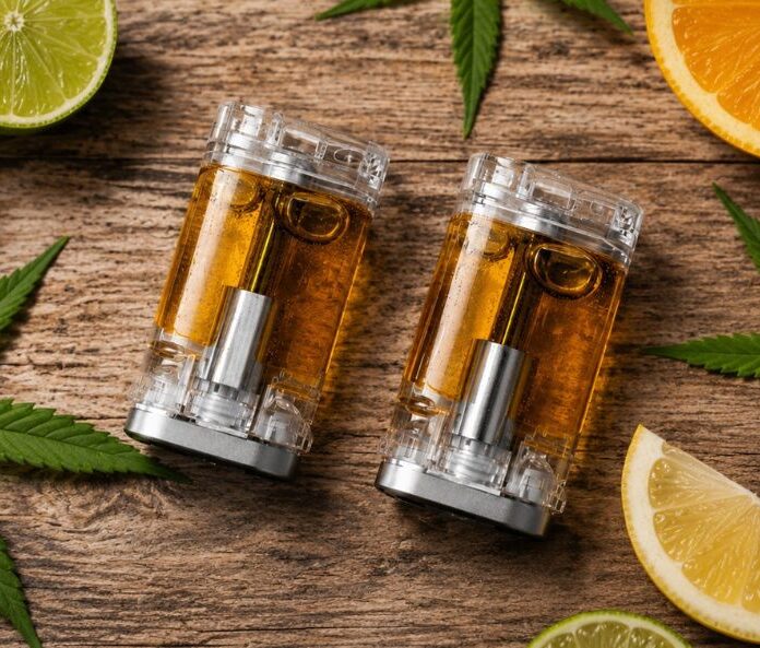 cbd vape pods on a wooden surface surrounded by citrus fruits and hemp leaves