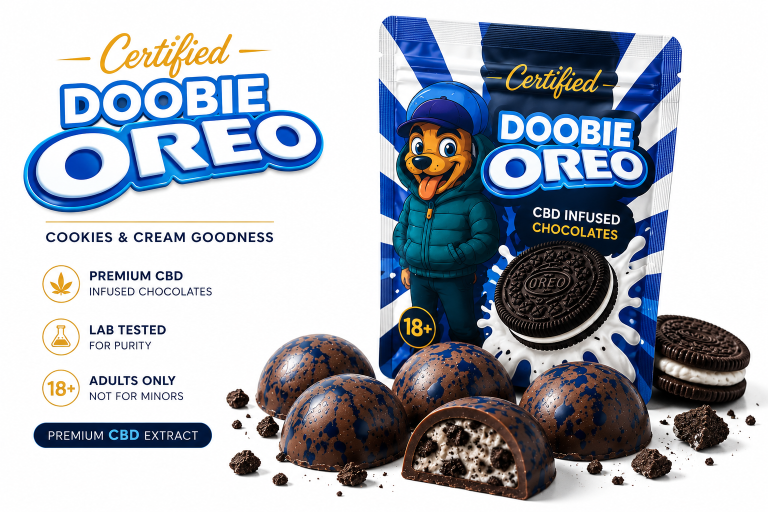 DOOBIE Oreo premium CBD chocolates with a creamy cookies and cream centre, coated in rich milk chocolate and infused with premium CBD extract.