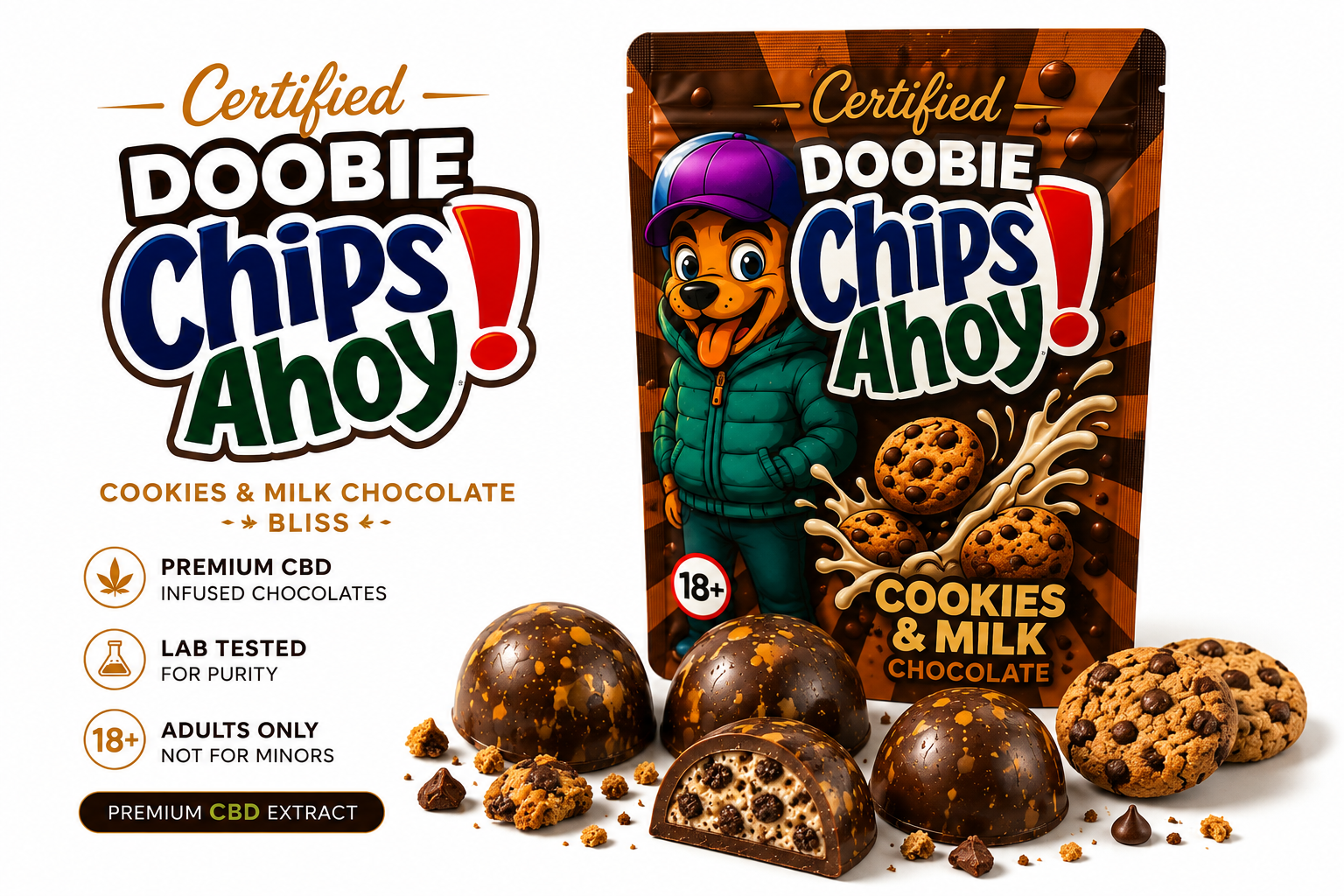DOOBIE Chips Ahoy! Cookies & Milk 200mg CBD chocolates featuring Belgian-style milk chocolate with crunchy chocolate chip cookie bites and creamy cookies and milk flavour.