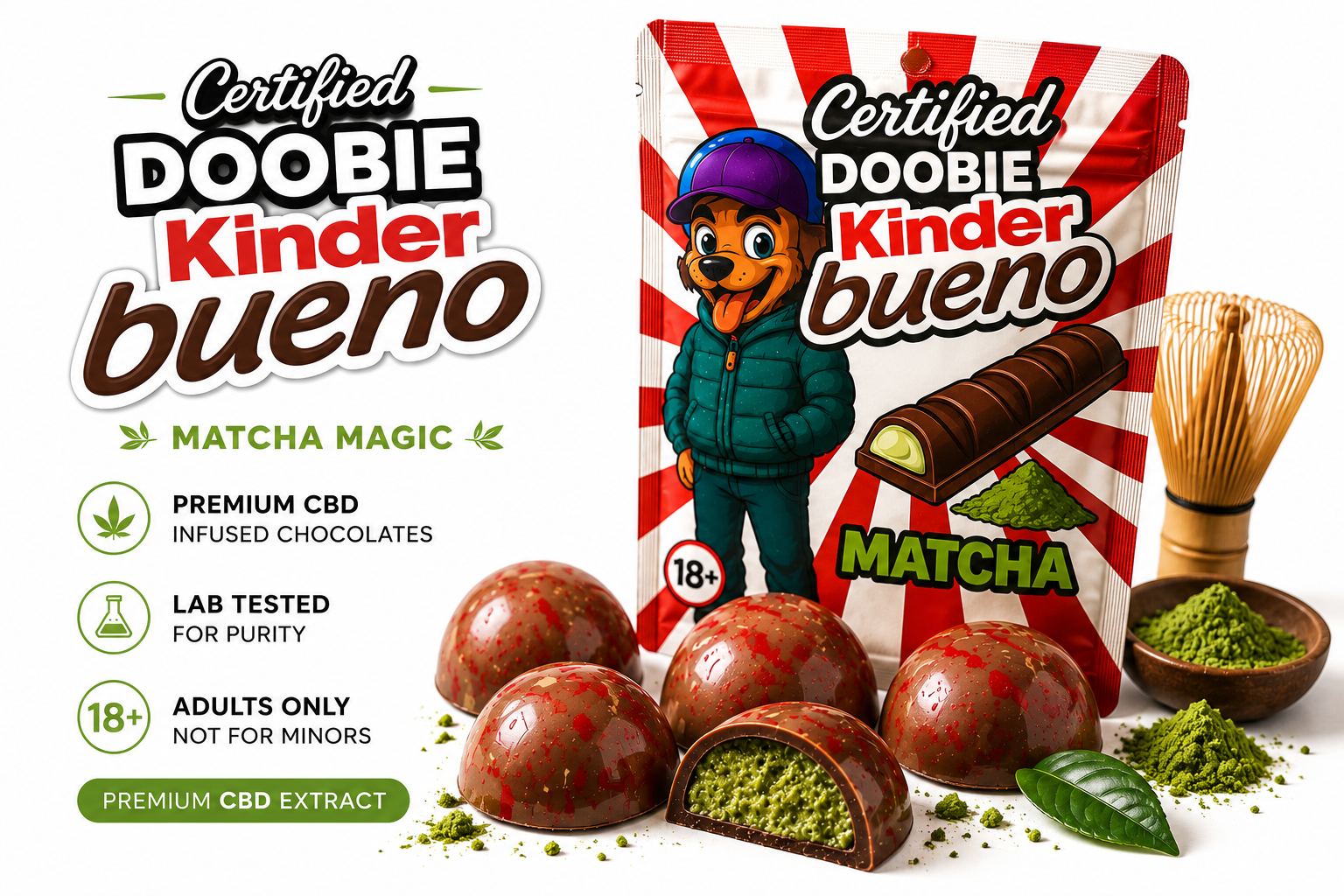 DOOBIE Kinder Bueno 200mg CBD chocolate bites featuring rich milk chocolate, creamy hazelnut, fluffy marshmallow and a subtle matcha-inspired flavour for a unique premium chocolate experience.