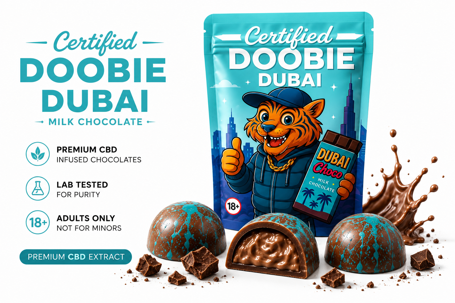 DOOBIE Dubai Milk Chocolate 200mg CBD chocolates featuring smooth milk chocolate with a creamy pistachio filling and crisp katafi pastry, inspired by luxurious Dubai-style chocolate.