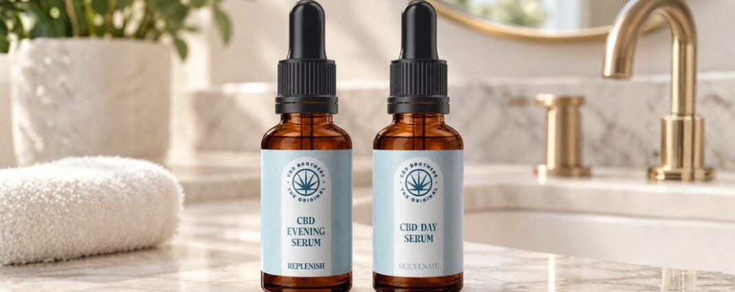 CBD brothers day serum and evening serum bottles side by side on a bathroom counter with the sink blurred in the background