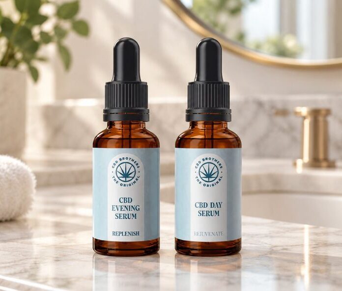 CBD brothers day serum and evening serum bottles side by side on a bathroom counter with the sink blurred in the background