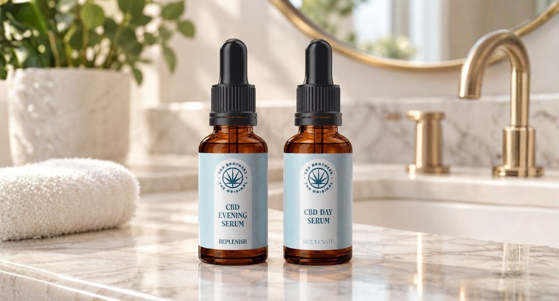 CBD brothers day serum and evening serum bottles side by side on a bathroom counter with the sink blurred in the background
