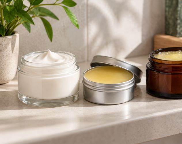 pots of cream, balm and salve on counter