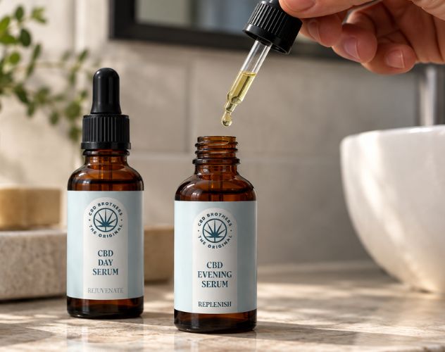 CBD day and evening serum bottles on a bathroom counter, with a hand holding an oil dropper above the open bottle.