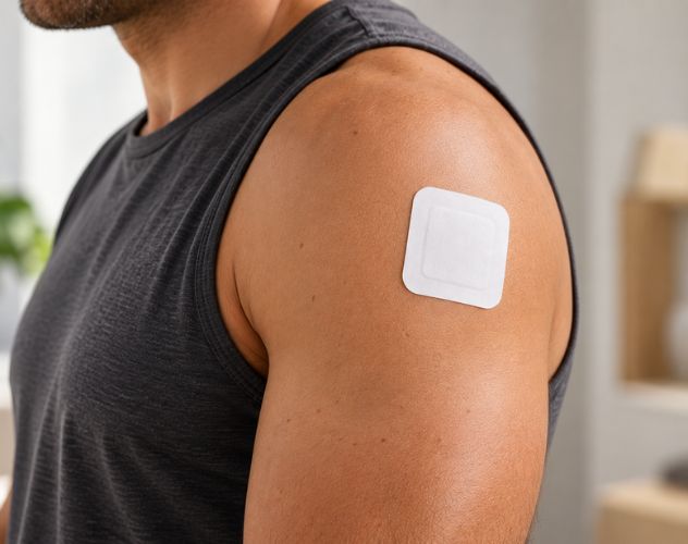 male arm with square transdermal patch applied