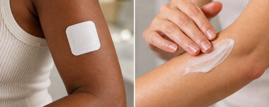 Comparison of a white topical patch on a brown-skinned arm and cream being applied to a lighter-skinned forearm.