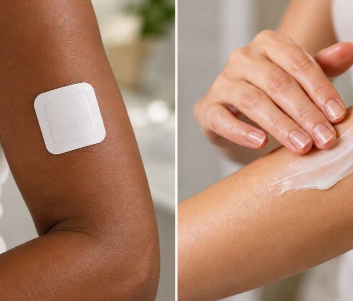 Comparison of a white topical patch on a brown-skinned arm and cream being applied to a lighter-skinned forearm.