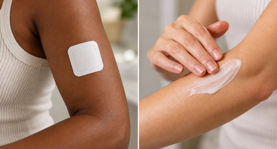 Comparison of a white topical patch on a brown-skinned arm and cream being applied to a lighter-skinned forearm.