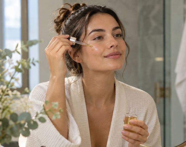 woman applying face serum in mirror with a oil dropper pipette